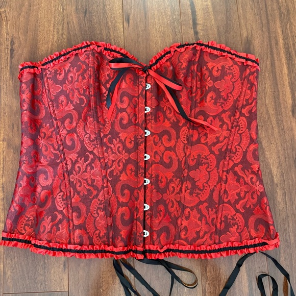 Red Black Brocade Corset Bustier Top Lace Up Gothic Burlesque Plus Size 5XL - Picture 3 of 7